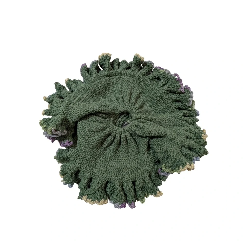 Vintage Handmade Crochet Doll Dress Green Ruffled Knit Skirt 21 Inch Diameter